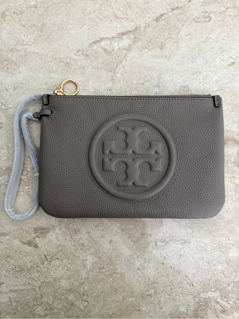 Tory Burch Gray Pebbled Leather Wristlet Clutch with Gold Hardware